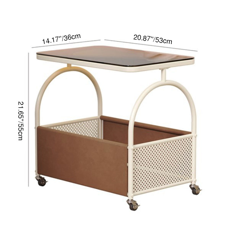 Modern Minimalist Rectangular Tempered Glass Cat Scratch Leather Carbon Steel Movable End Table 2-Tier For Living Room