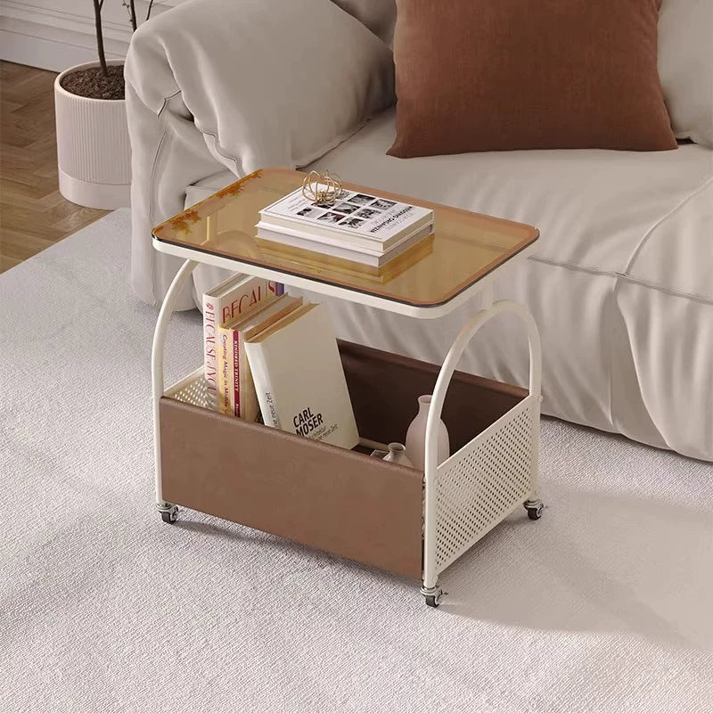 Modern Minimalist Rectangular Tempered Glass Cat Scratch Leather Carbon Steel Movable End Table 2-Tier For Living Room