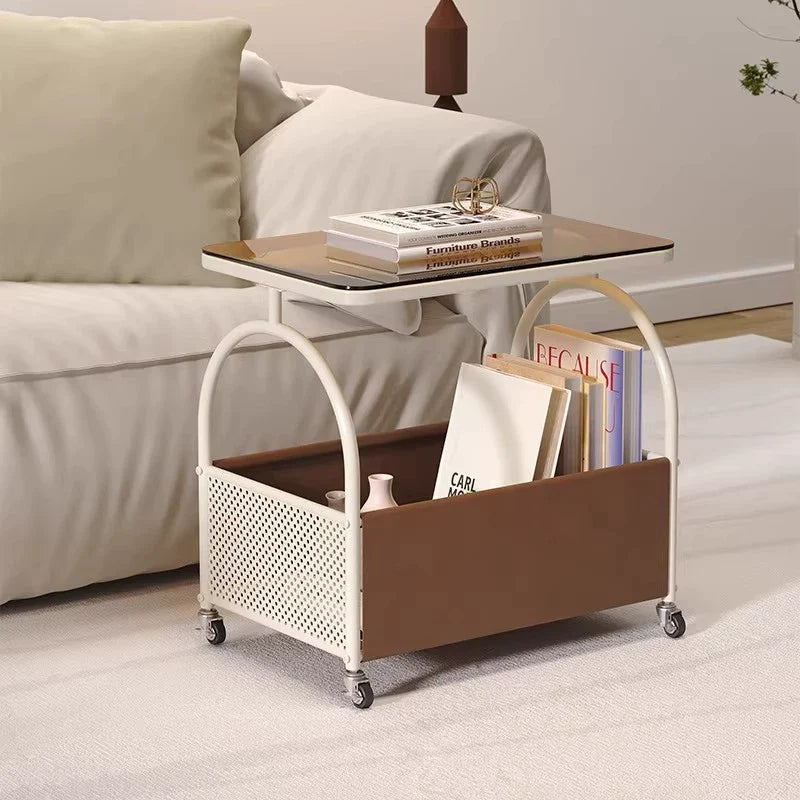 Modern Minimalist Rectangular Tempered Glass Cat Scratch Leather Carbon Steel Movable End Table 2-Tier For Living Room