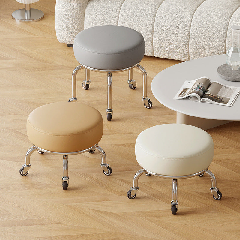 Modern Minimalist Movable Round Iron PU Leather Sponge Kids Silent Pulley Low Stool Backless Armless For Living Room