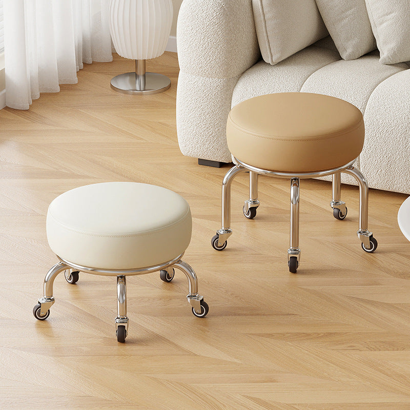 Modern Minimalist Movable Round Iron PU Leather Sponge Kids Silent Pulley Low Stool Backless Armless For Living Room