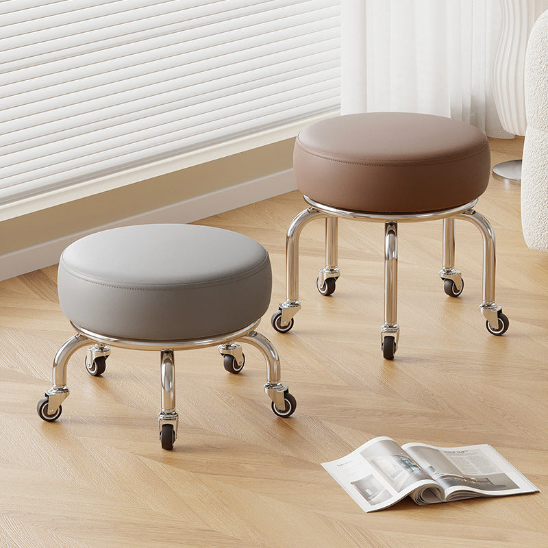 Modern Minimalist Movable Round Iron PU Leather Sponge Kids Silent Pulley Low Stool Backless Armless For Living Room