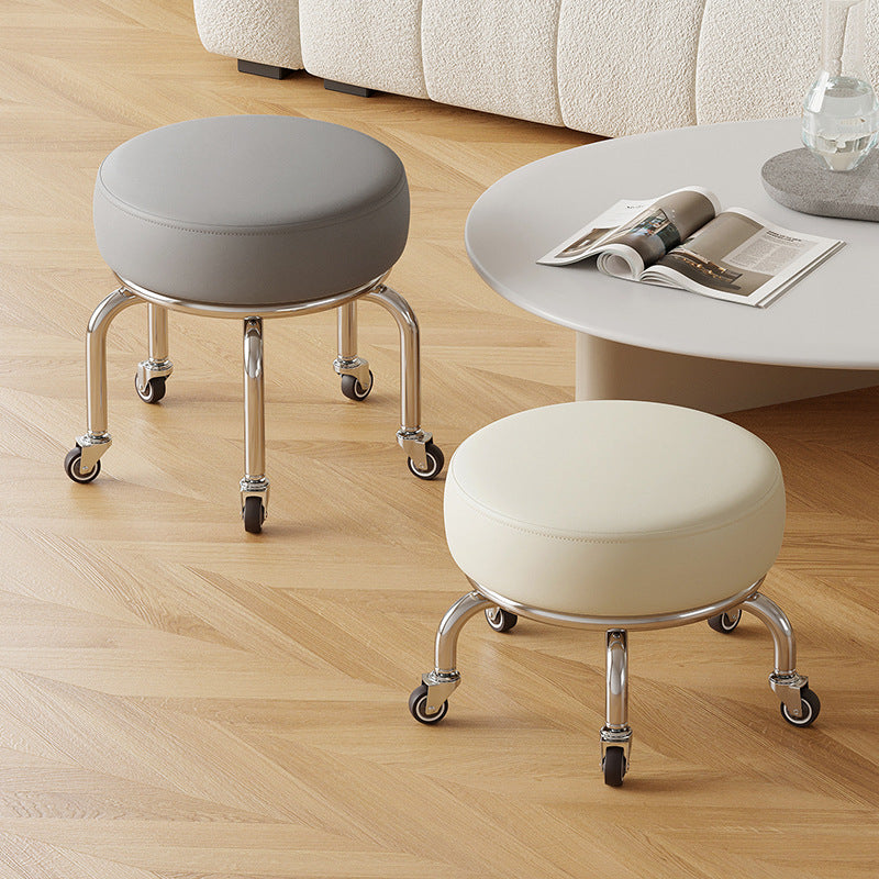 Modern Minimalist Movable Round Iron PU Leather Sponge Kids Silent Pulley Low Stool Backless Armless For Living Room
