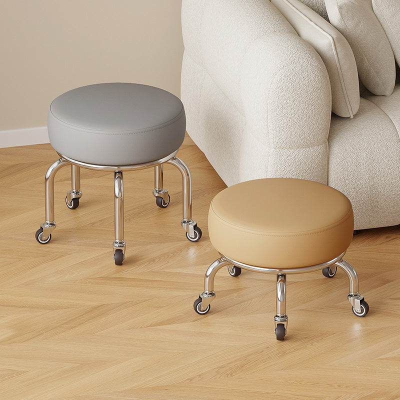 Modern Minimalist Movable Round Iron PU Leather Sponge Kids Silent Pulley Low Stool Backless Armless For Living Room