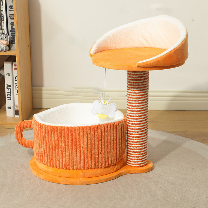 Modern Simplicity Velvet Sisal MDF Paper Tube Movable Teacup-Shaped 2-Tier Cat Tree & Condo For Living Room