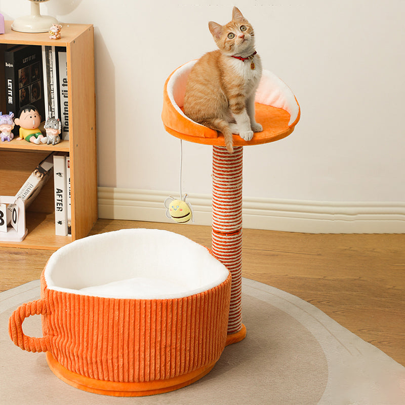 Modern Simplicity Velvet Sisal MDF Paper Tube Movable Teacup-Shaped 2-Tier Cat Tree & Condo For Living Room