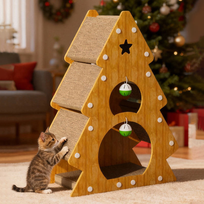 Modern Simplicity Decorative Corrugated Cardboard MDF Christmas Tree Shaped Cat Scratching Post For Living Room