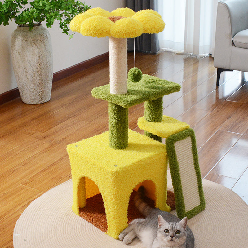 Modern Simplicity Teddy Fleece Particleboard Paper Tube Decorative With Sisal Scratching Post 3-Tier Cat Tree & Condo For Living Room