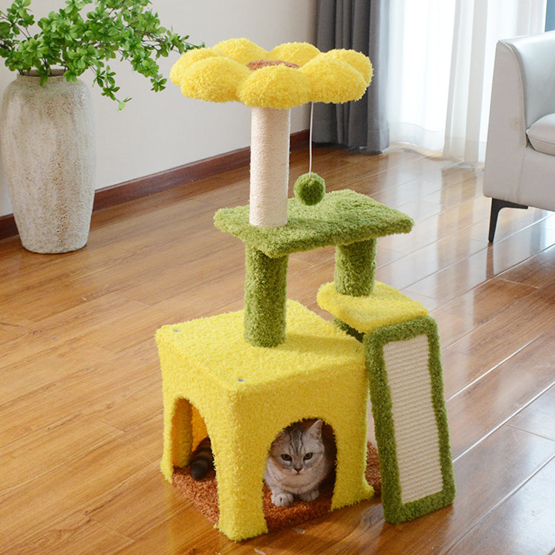 Modern Simplicity Teddy Fleece Particleboard Paper Tube Decorative With Sisal Scratching Post 3-Tier Cat Tree & Condo For Living Room