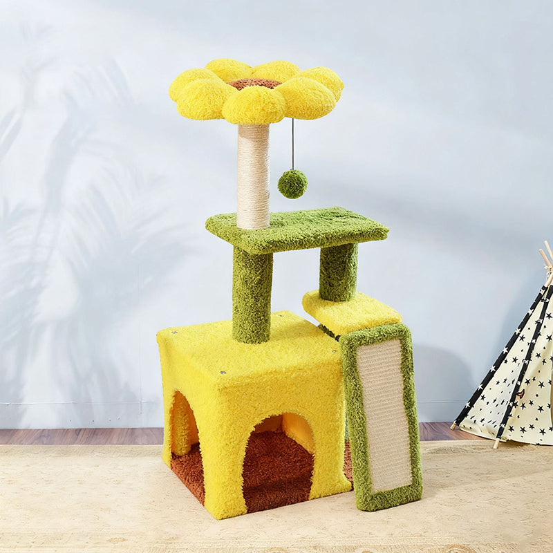 Modern Simplicity Teddy Fleece Particleboard Paper Tube Decorative With Sisal Scratching Post 3-Tier Cat Tree & Condo For Living Room