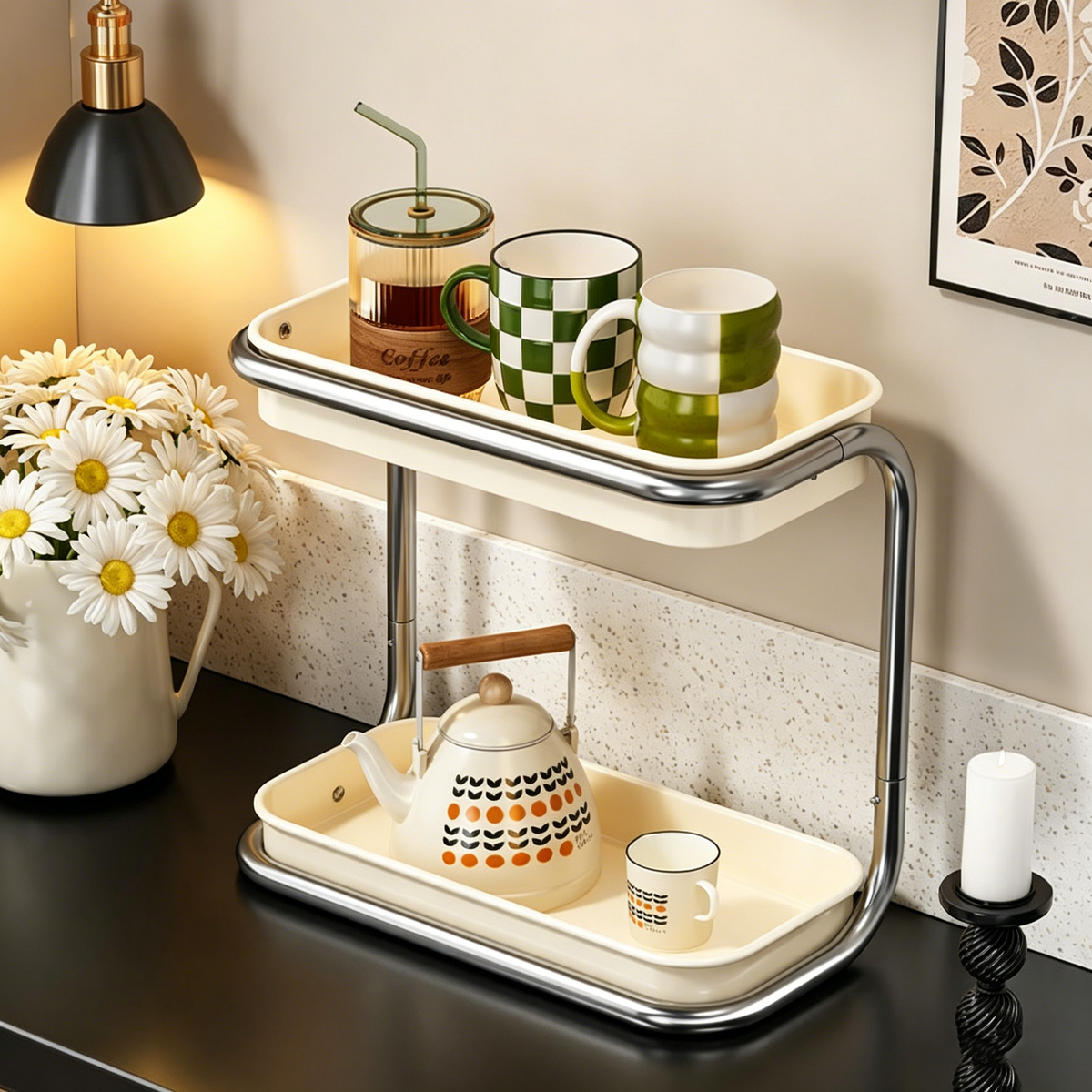 Modern Minimalist Carbon Steel Space-Saving Cup Holder Organizer Storage Shelf 2-Tier For Entryway & Living Room
