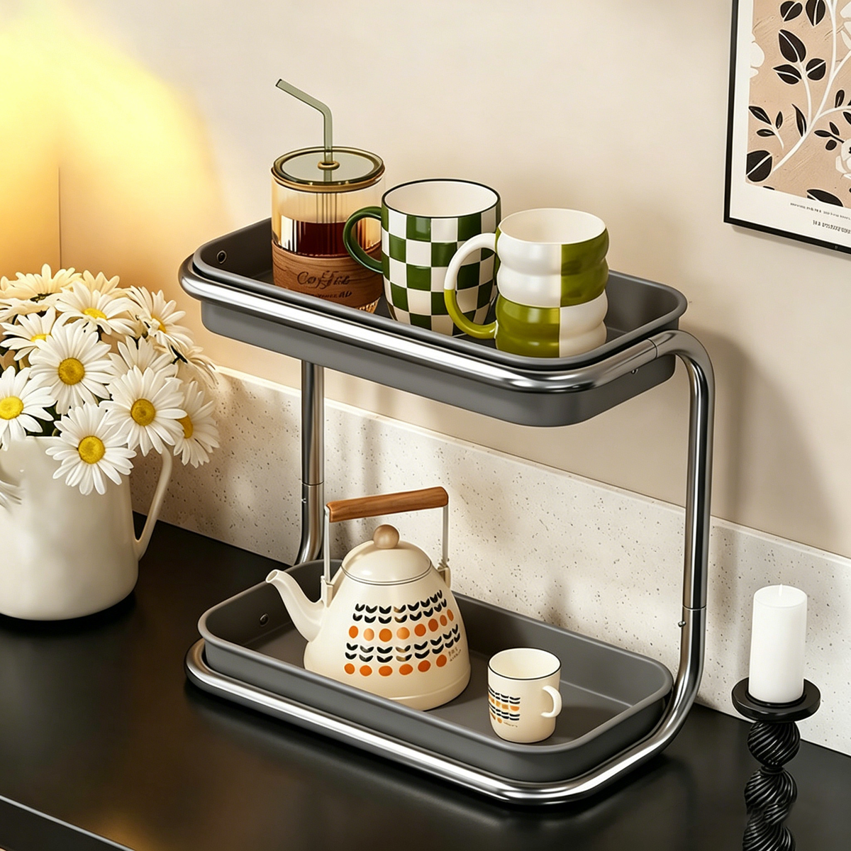 Modern Minimalist Carbon Steel Space-Saving Cup Holder Organizer Storage Shelf 2-Tier For Entryway & Living Room