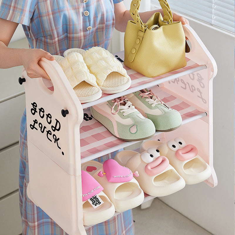 Modern Minimalist PP Fabric Steel Tube House-Shaped Space-Saving Pink And White Dustproof Shoe Organizer With Curtain Shoe Storage 3-6 Tier For Entryway