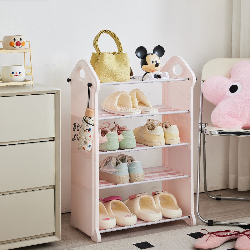 Modern Minimalist PP Fabric Steel Tube House-Shaped Space-Saving Pink And White Dustproof Shoe Organizer With Curtain Shoe Storage 3-6 Tier For Entryway