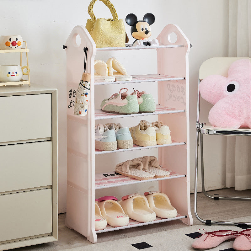 Modern Minimalist PP Fabric Steel Tube House-Shaped Space-Saving Pink And White Dustproof Shoe Organizer With Curtain Shoe Storage 3-6 Tier For Entryway