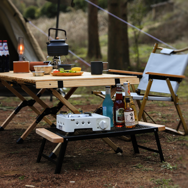 Modern Minimalist Rectangular Iron Beech Wood Folding Table Portable For Outdoor