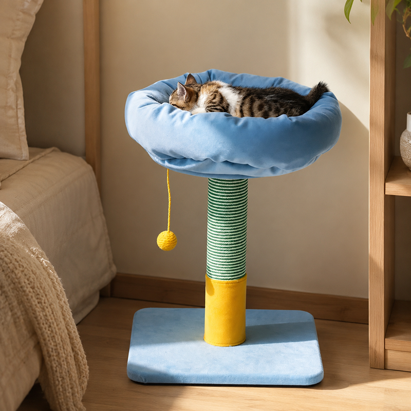 Nordic Cream Style Small Cat Tree - Particle Board Frame Velvet Cat Tower Sisal Hanging Toy Ball Cat Tower For Living Room