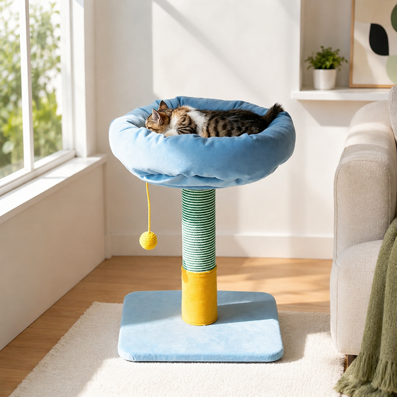 Nordic Cream Style Small Cat Tree - Particle Board Frame Velvet Cat Tower Sisal Hanging Toy Ball Cat Tower For Living Room